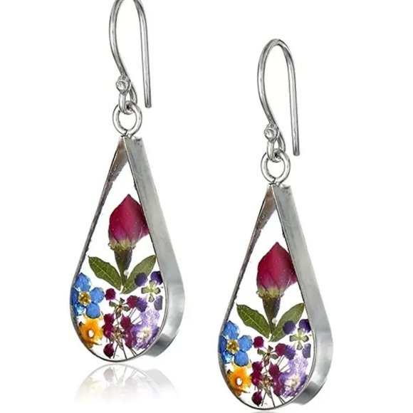 Jewelry - Handmade 925 Silver Plated Dried Flower Teardrop Hook Earrings - NEW